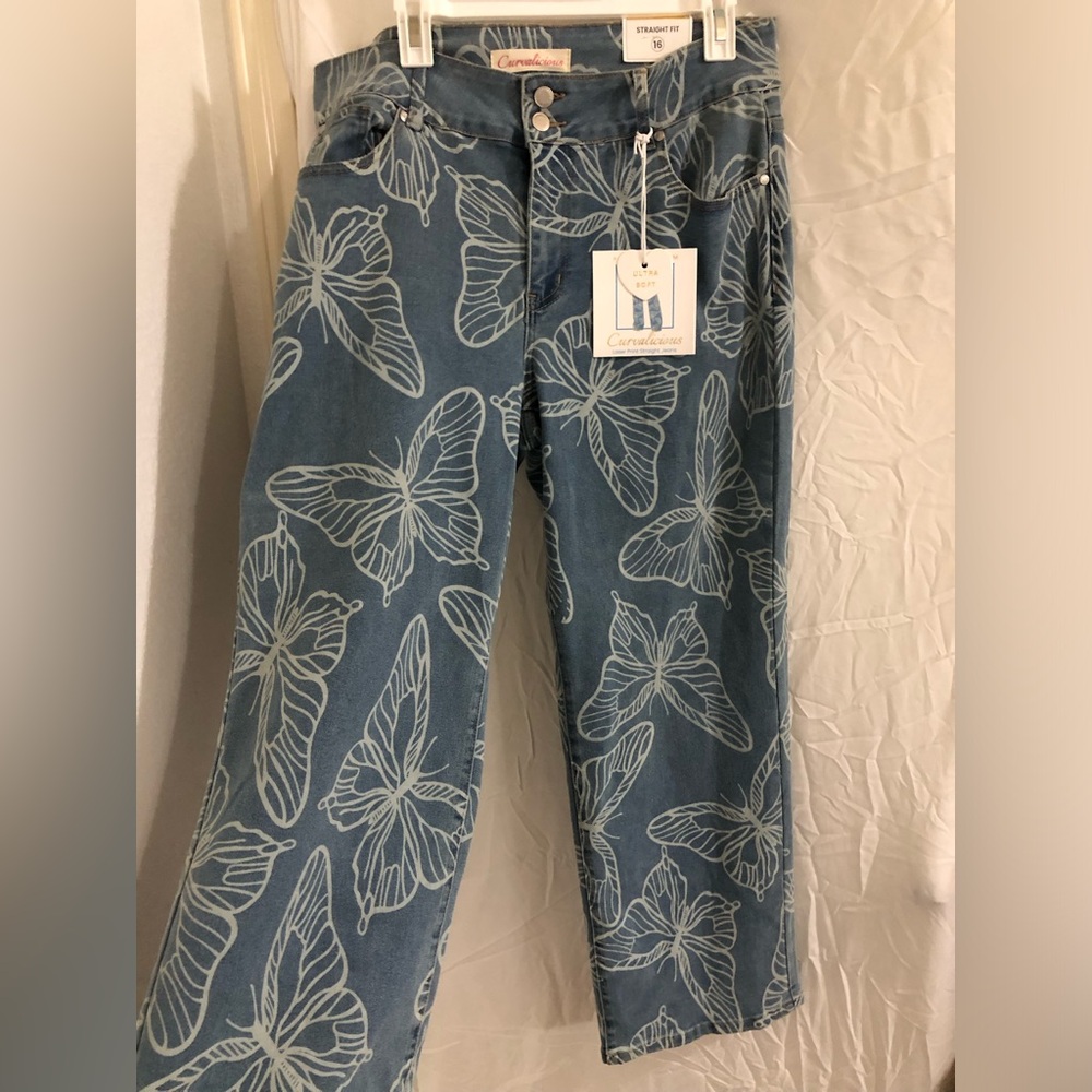 White Butterflies laser print ultra soft stretch straight fit blue jeans size 16 - Picture 5 of 10